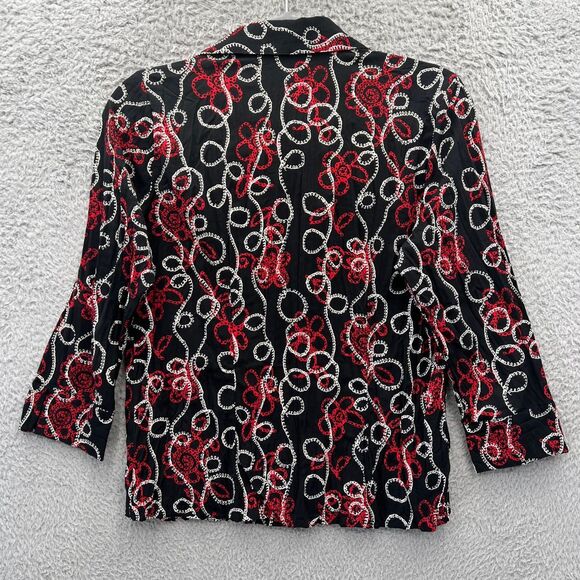 90s Indie Grunge Cyber Black Red Chain Print Button Down Blouse 3/4 Sleeve Top M - Picture 6 of 6